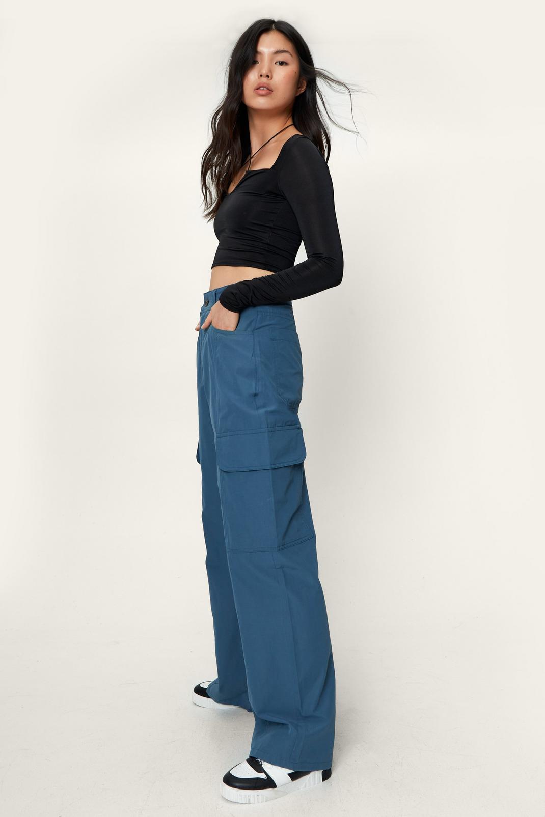 Blue Pocket Detail High Waisted Cargo Trousers image number 1