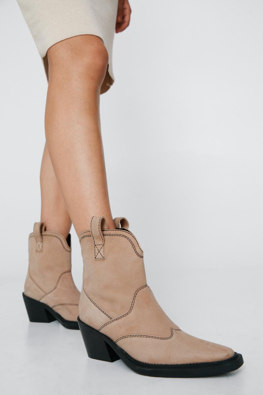 Beige Suede Contrast Stitch Ankle Western Boots image number 1