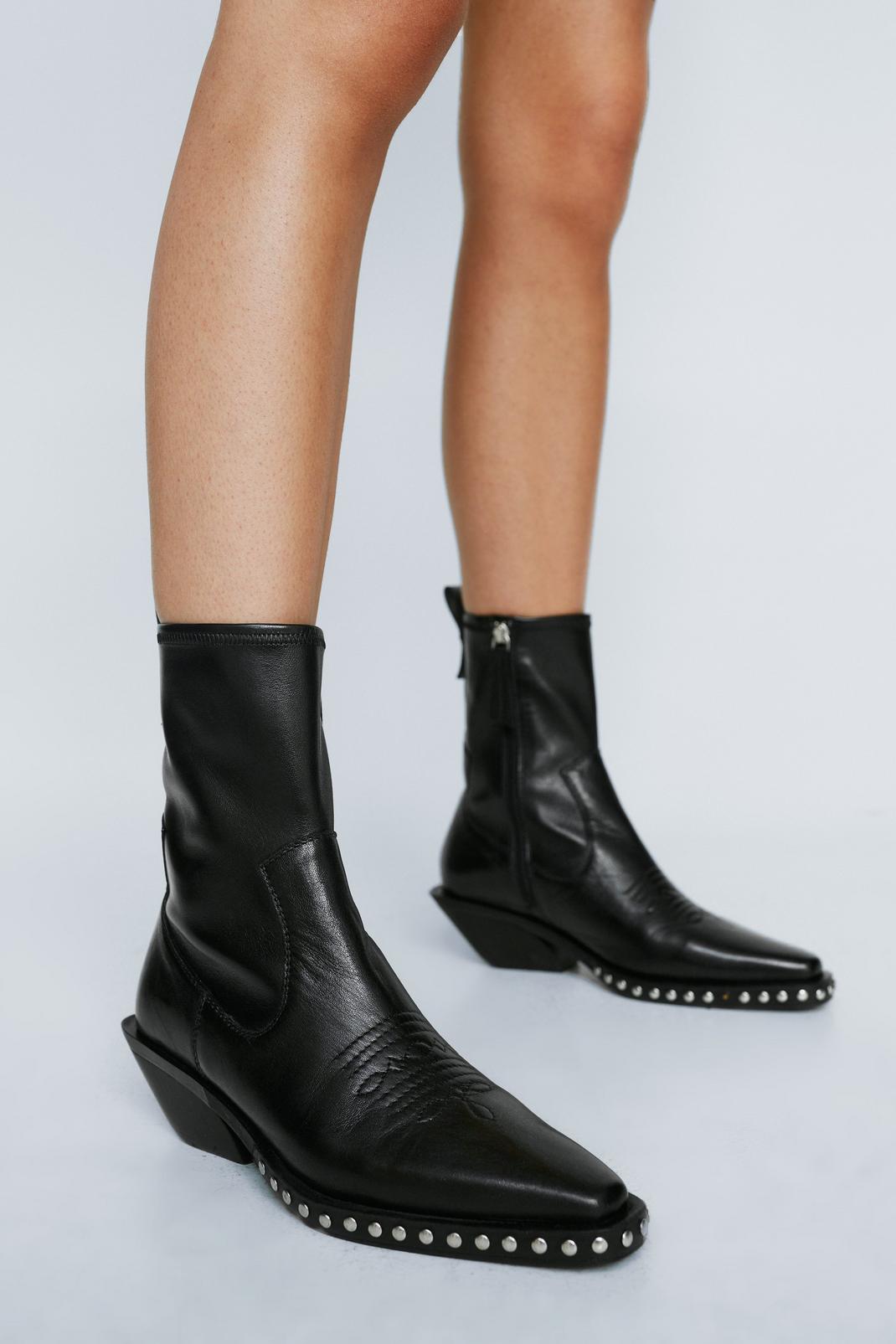 Black Leather Studded Ankle Sock Boots image number 1