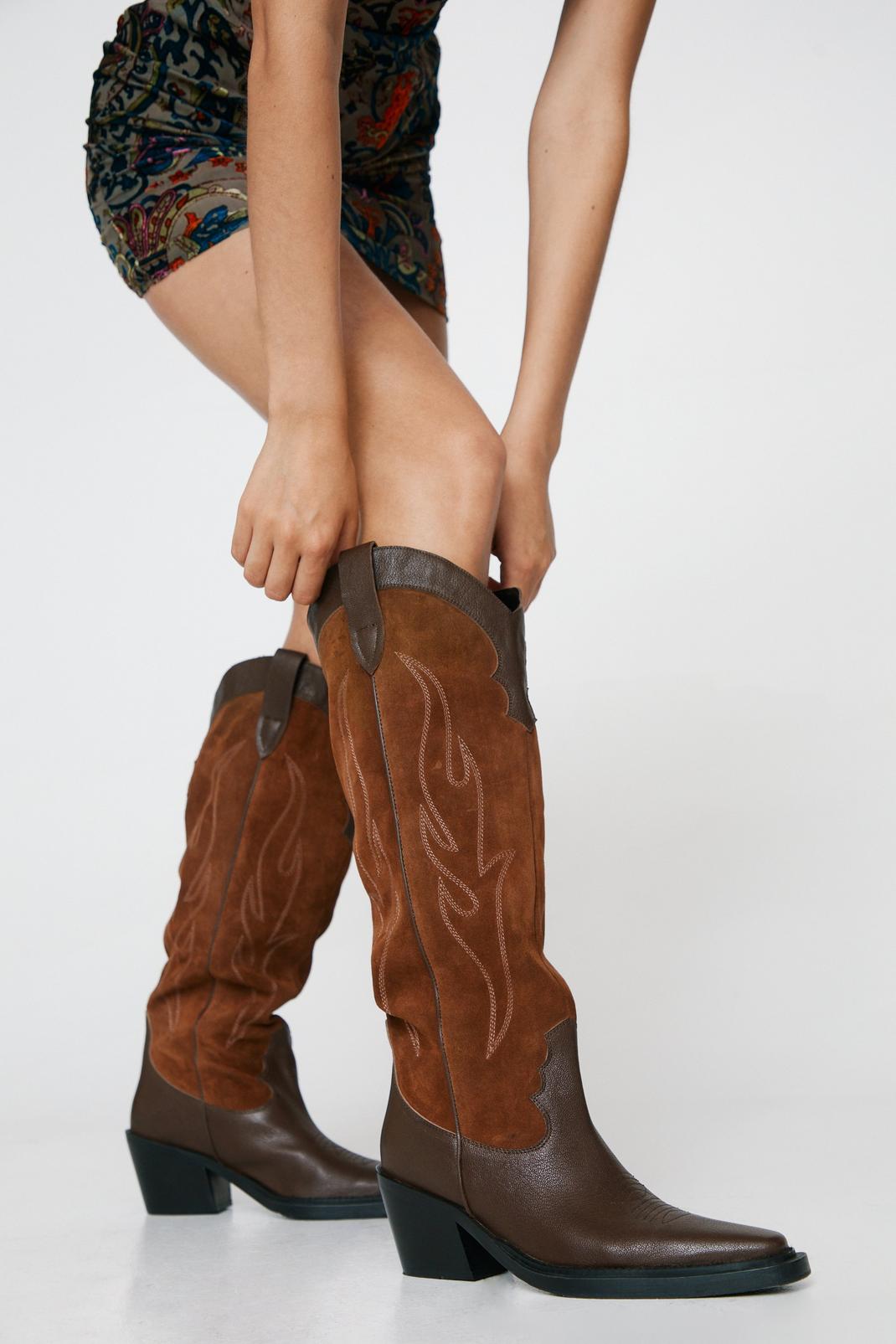 Brown Suede And Leather Knee High Western Boots image number 1