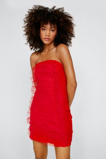 Recycled Tulle Ruched Bandeau Mini Dress red