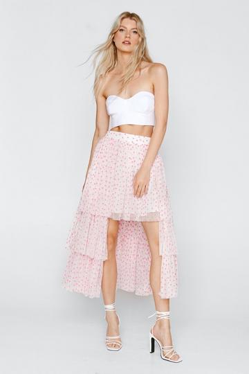 Pink Recycled Heart Print Tulle Tiered Maxi Skirt
