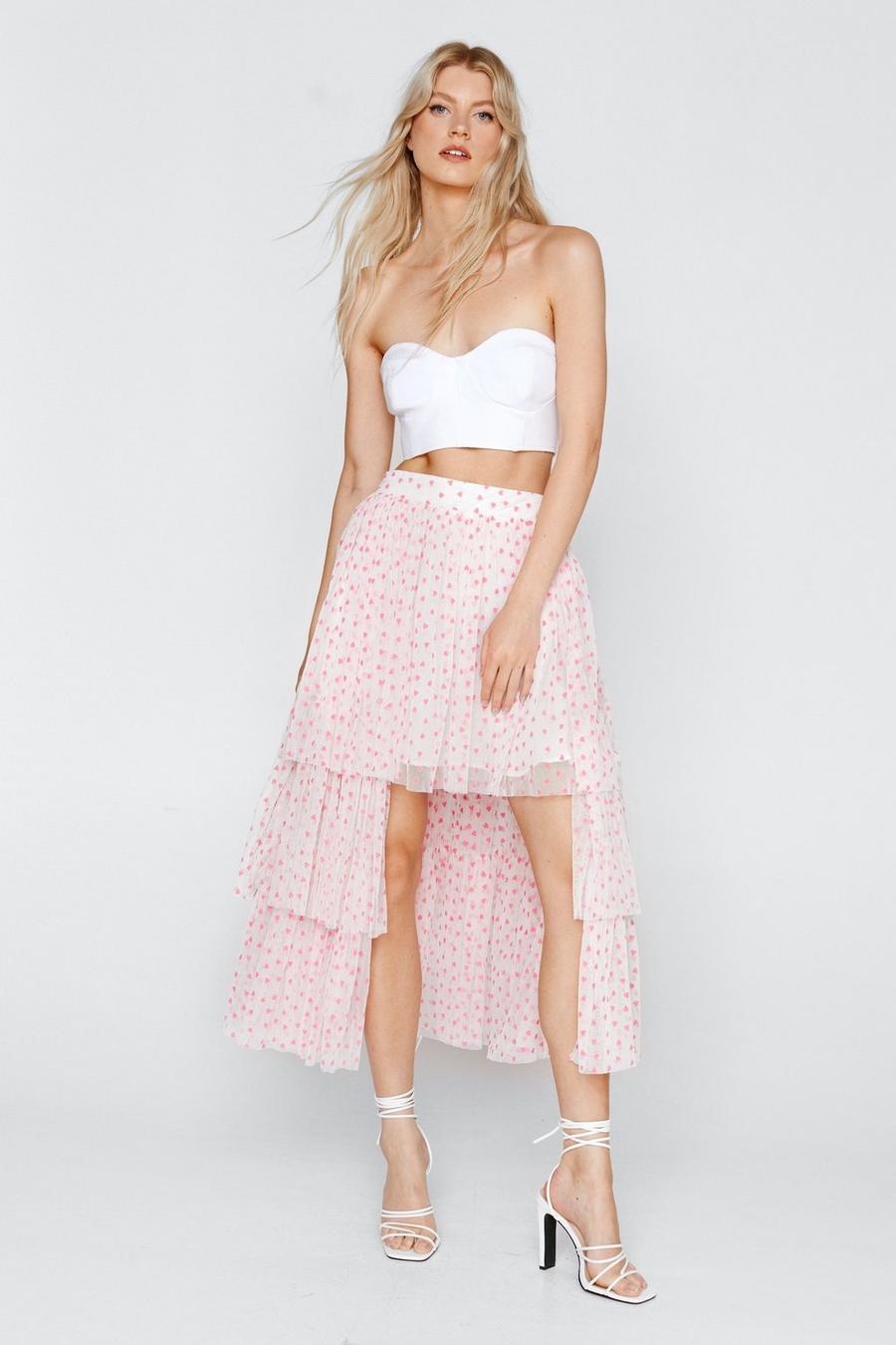 Recycled Heart Print Tulle Tiered Maxi Skirt