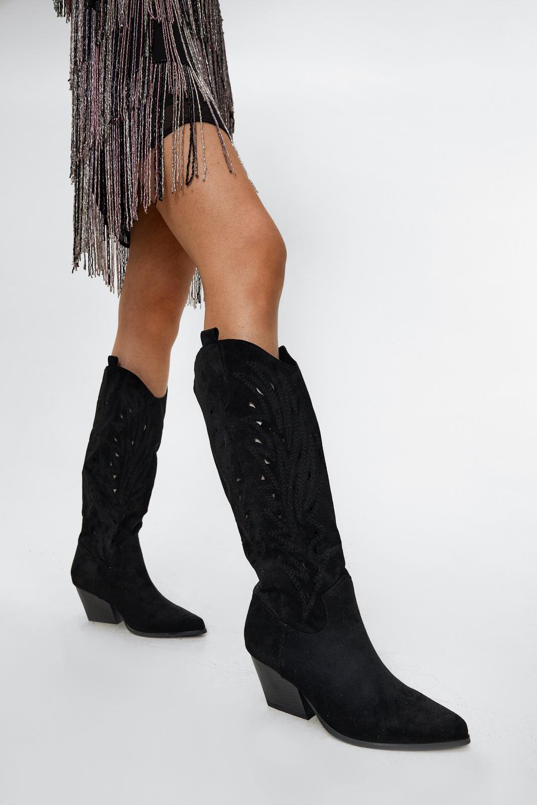 Black Faux Suede Knee High Western Boots image number 1