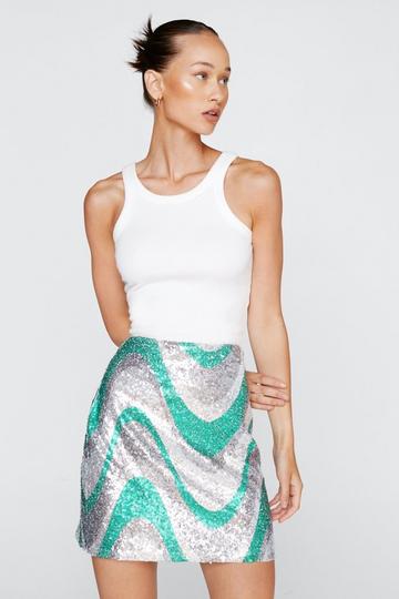 Sequin Wave Print Mini Pelmet Skirt green