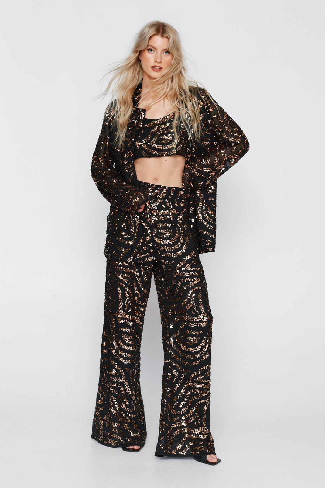 Black Sequin Wide Leg Trousers image number 1