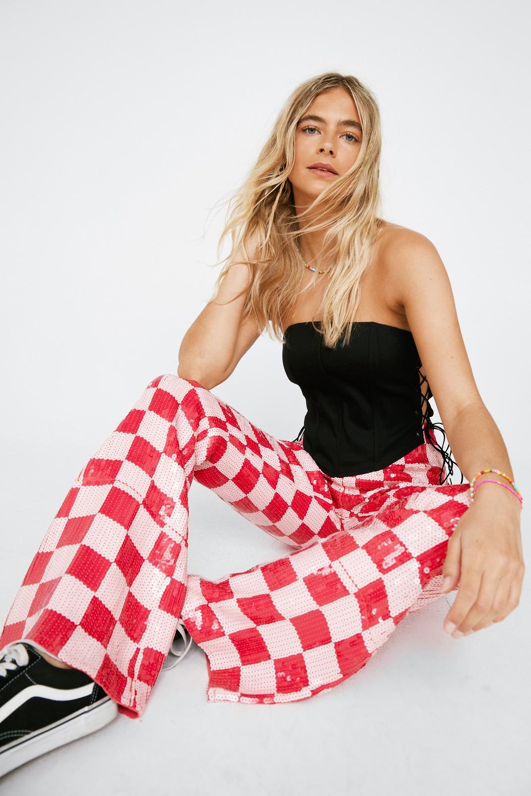 Plus Size Sequin Checkerboard Flare Pants