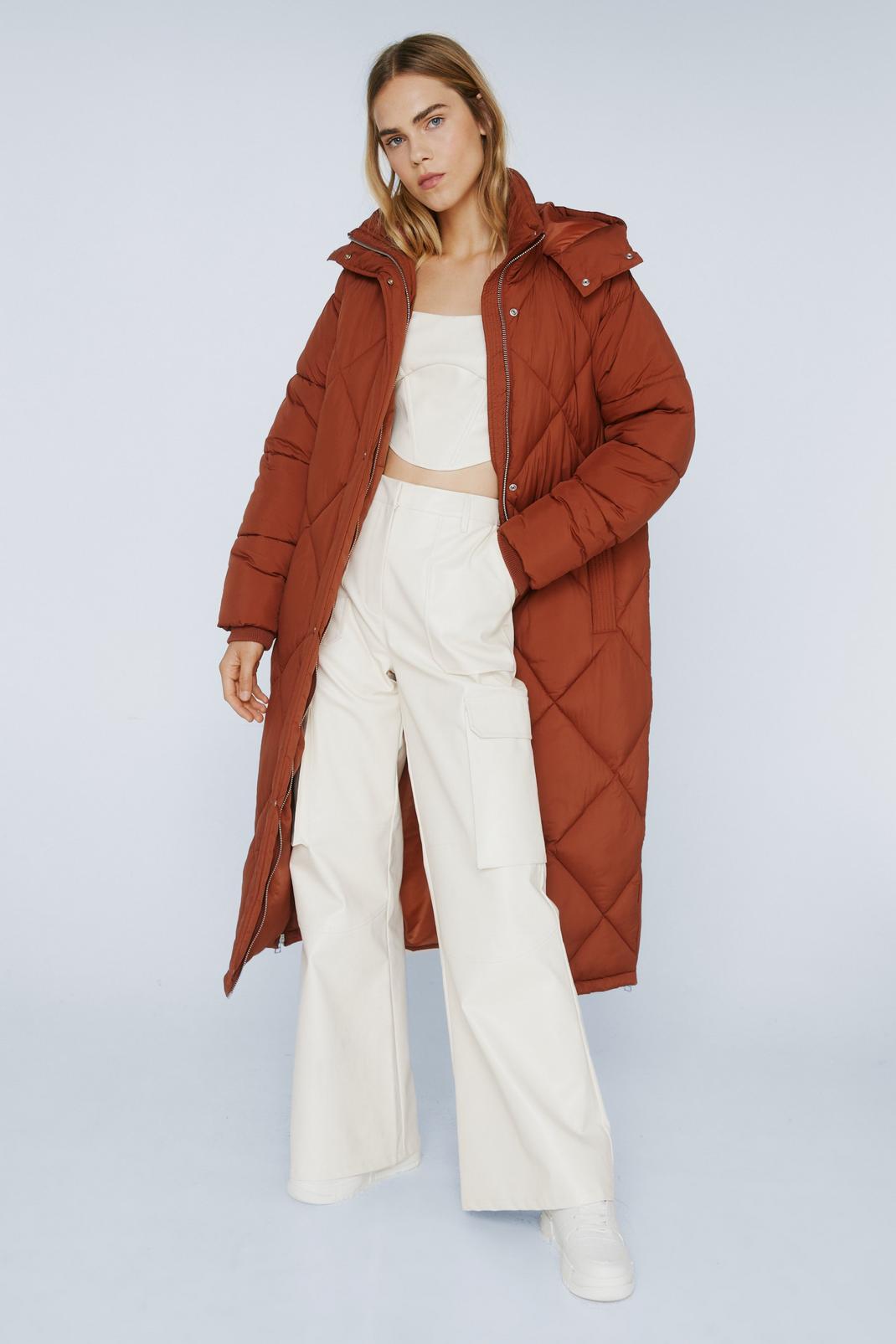 Terracotta Diamond Quilted Longline Puffer Hooded Jacket image number 1