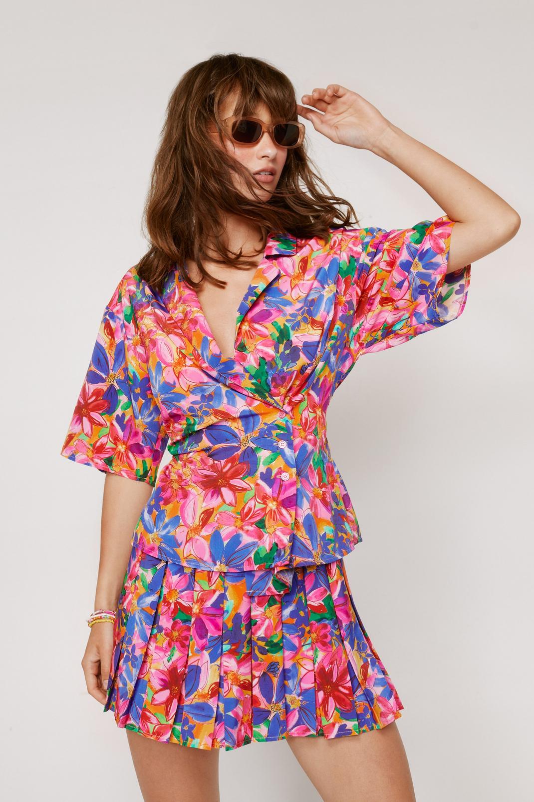 Multi Bright Floral Asymmetric Button Through Shirt image number 1