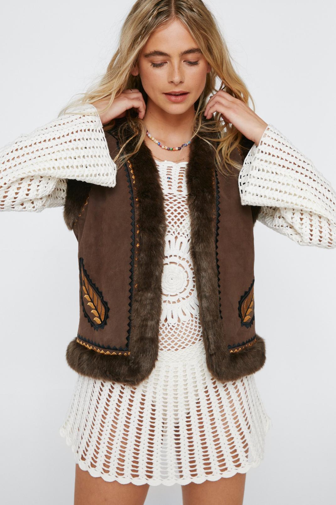 Brown Faux Fur Suede Embroidered Puffer Vest image number 1