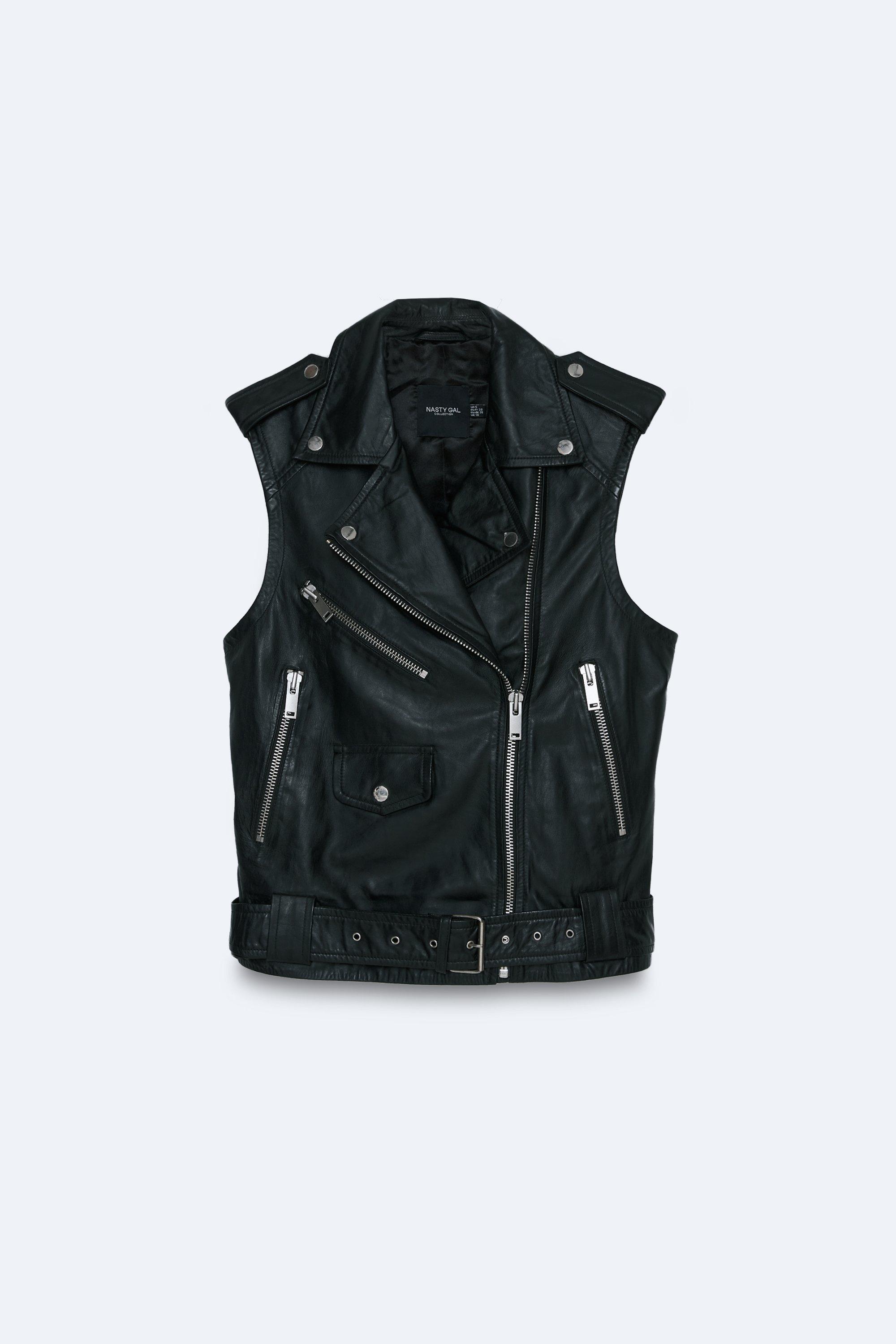 faux leather sleeveless biker jacket black