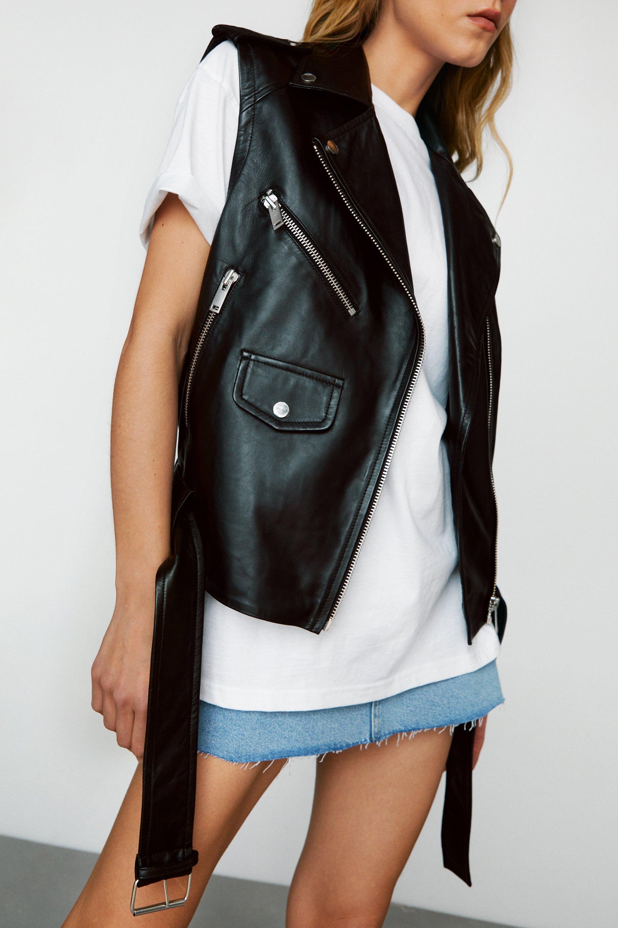 Black sleeveless biker jacket sale