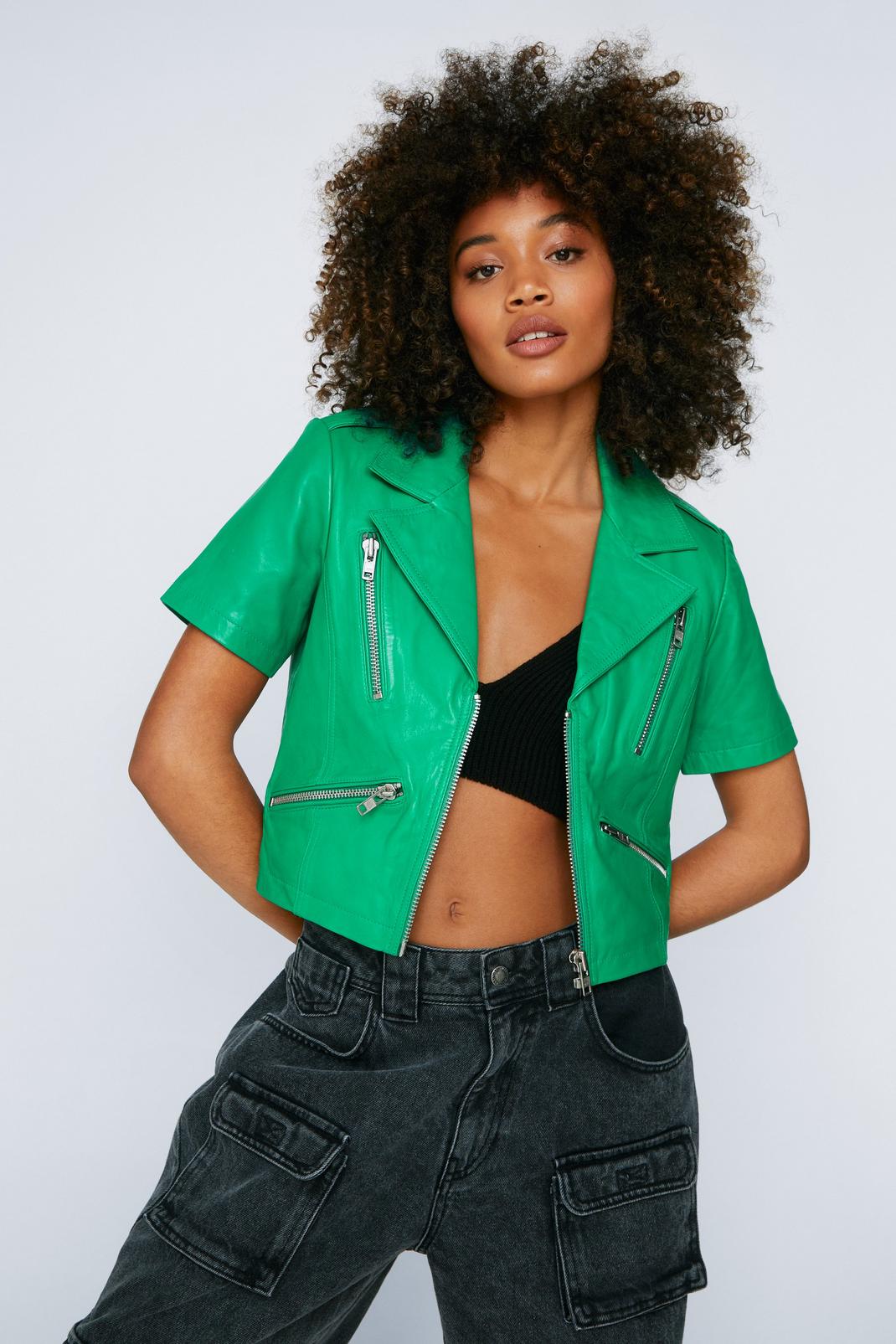 Green Real Leather Cropped Short Sleeve Jacket image number 1