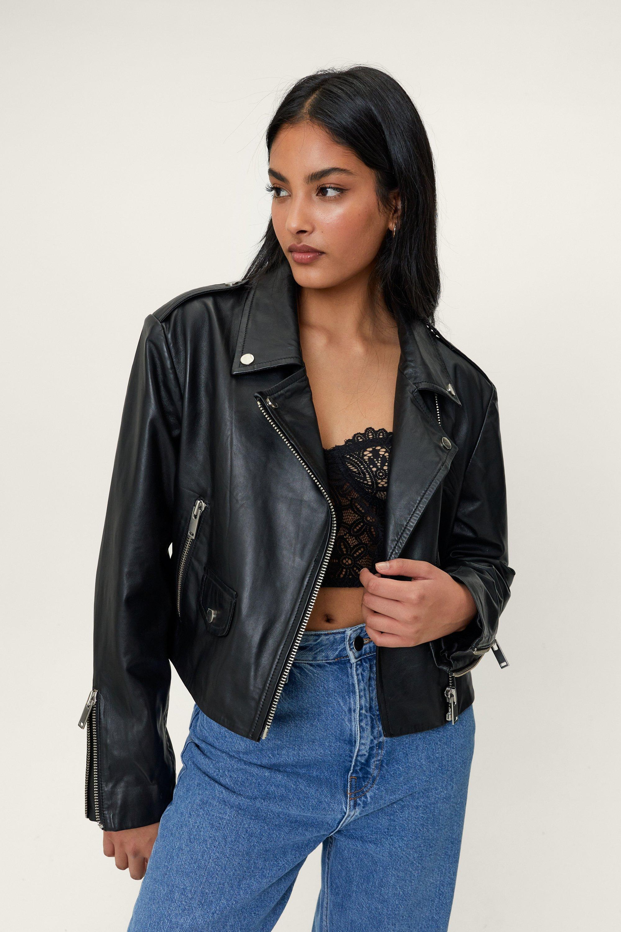 black leather cropped biker jacket