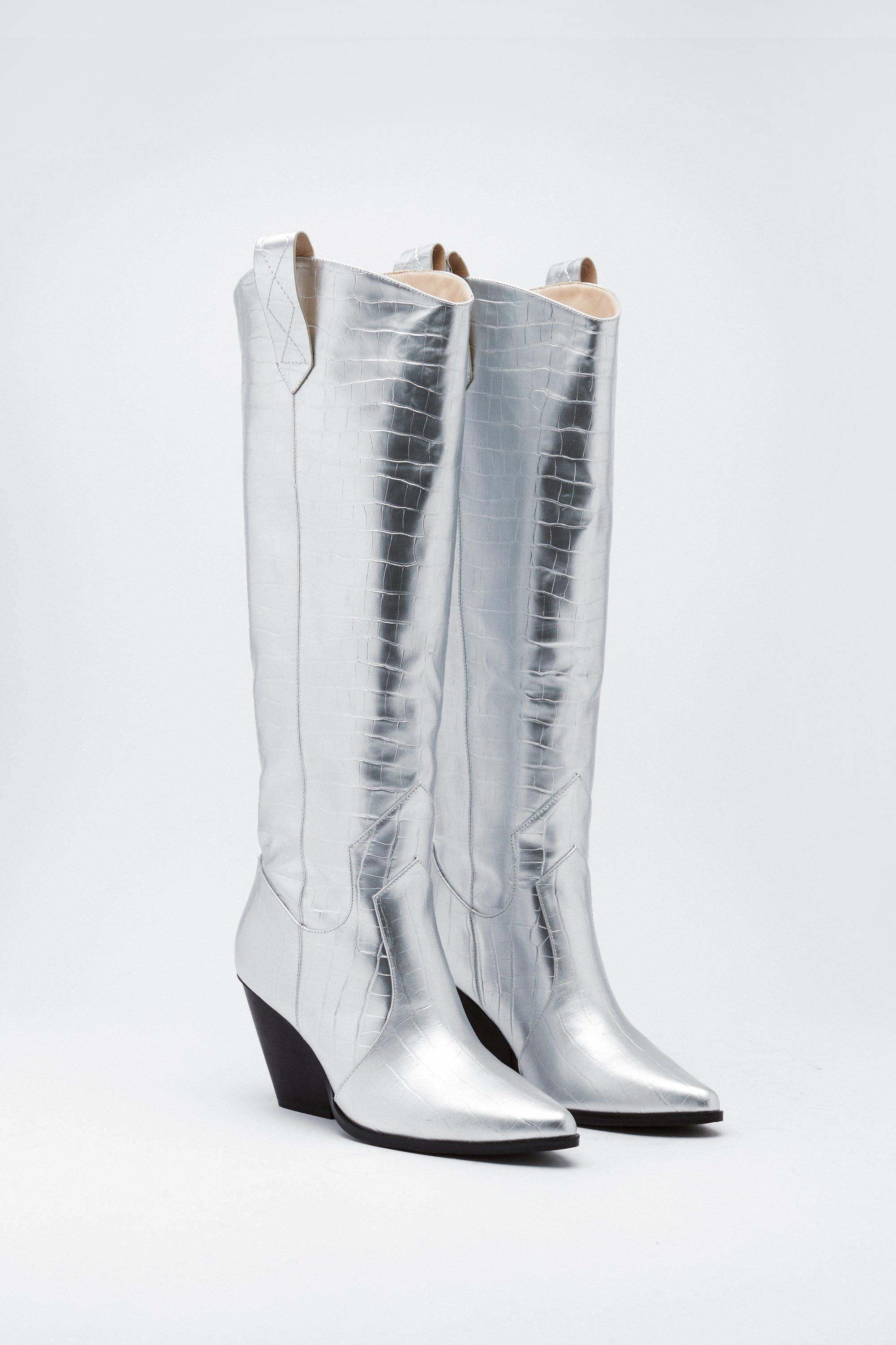 Faux Croc Knee High Western Boots