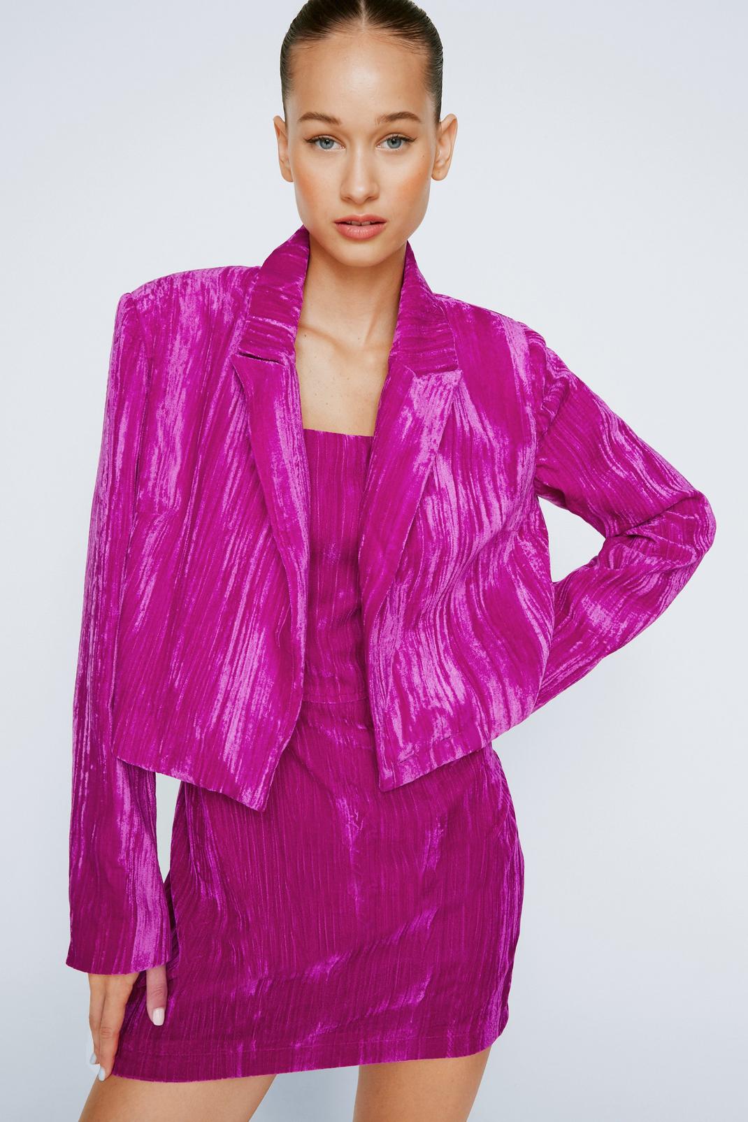 Hot pink Cropped Textured Velvet Blazer image number 1