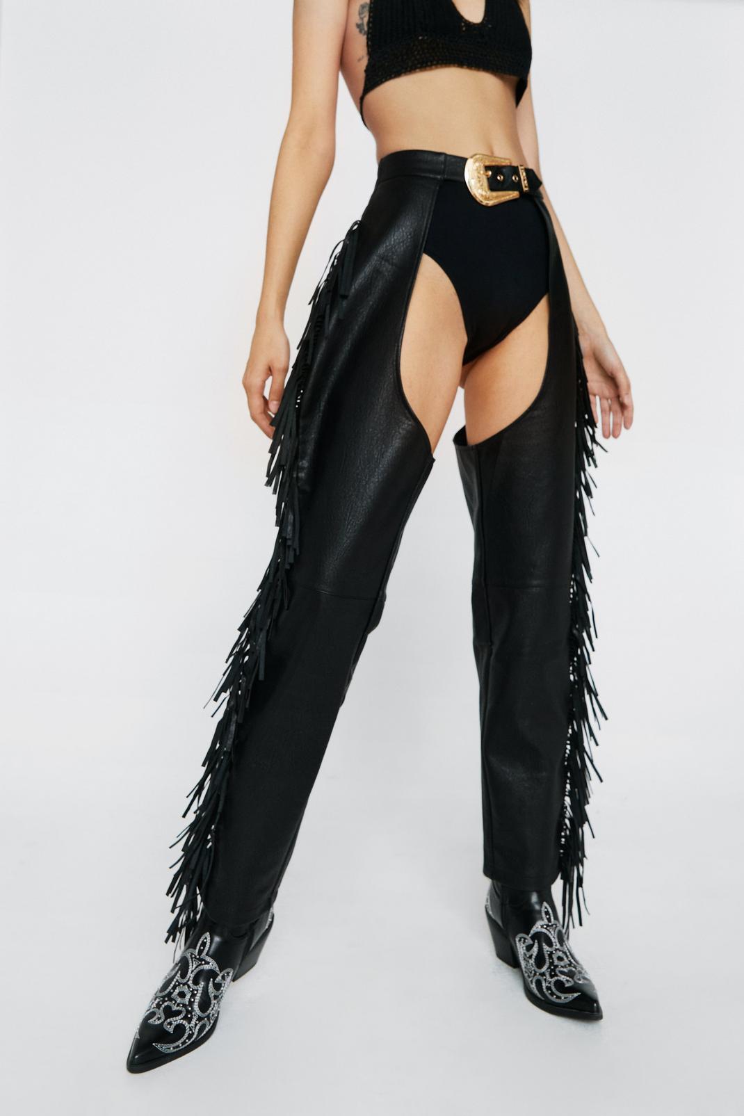 Black Fringed Belted Faux Leather Chaps image number 1