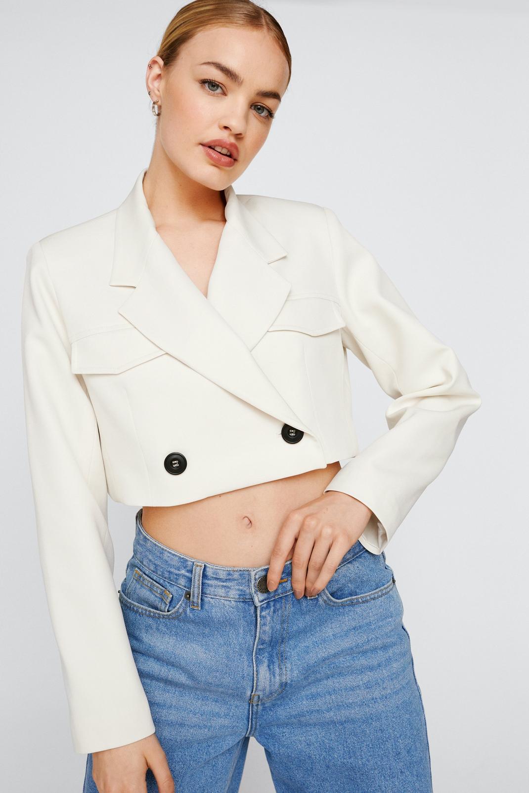 White Tailored Cropped Double Breasted Blazer image number 1