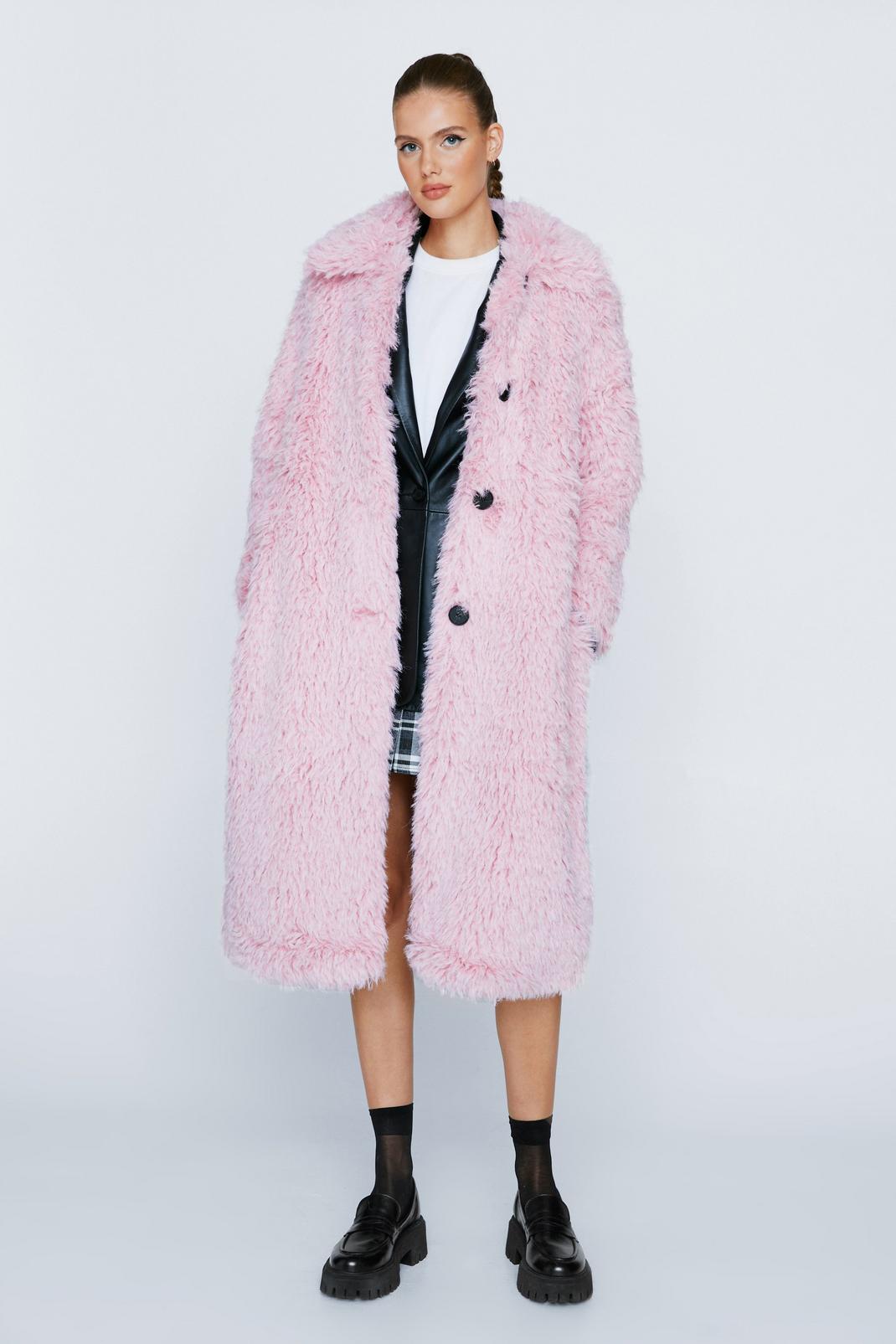 Petite - Manteau long en fausse fourrure premium avec ceinture, Rose pink image number 1