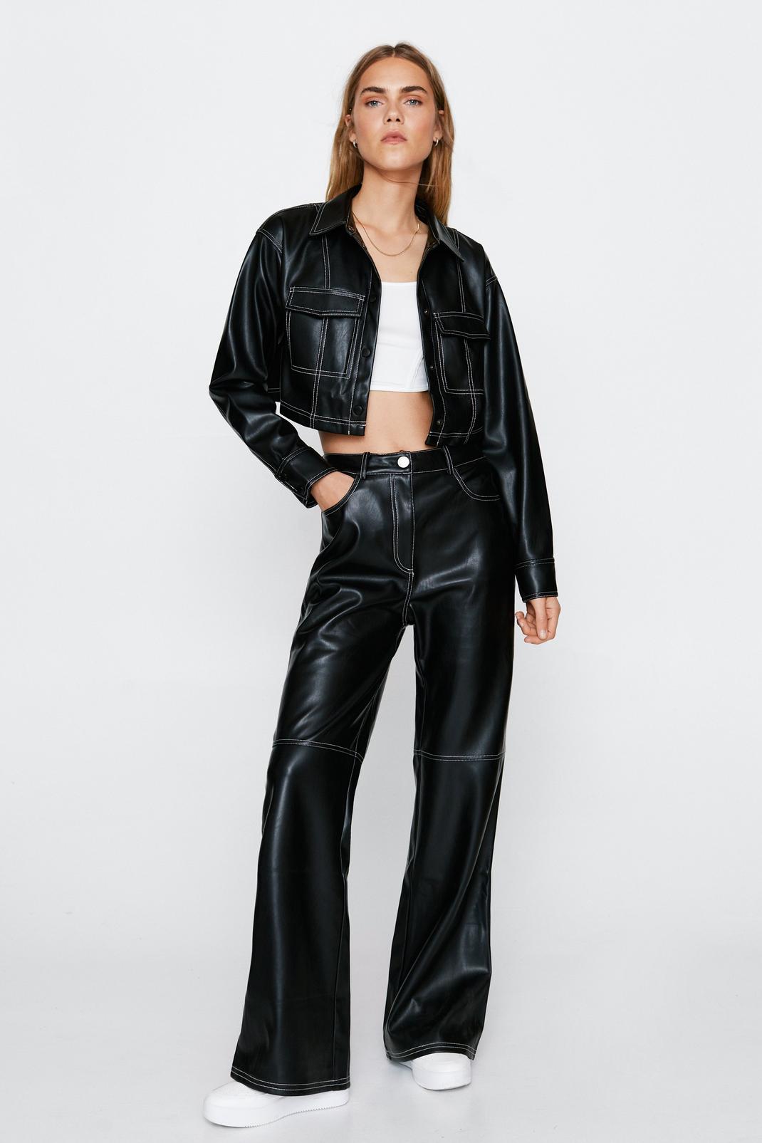 Black Faux leather Contrast Stitch Wide Leg Trouser image number 1