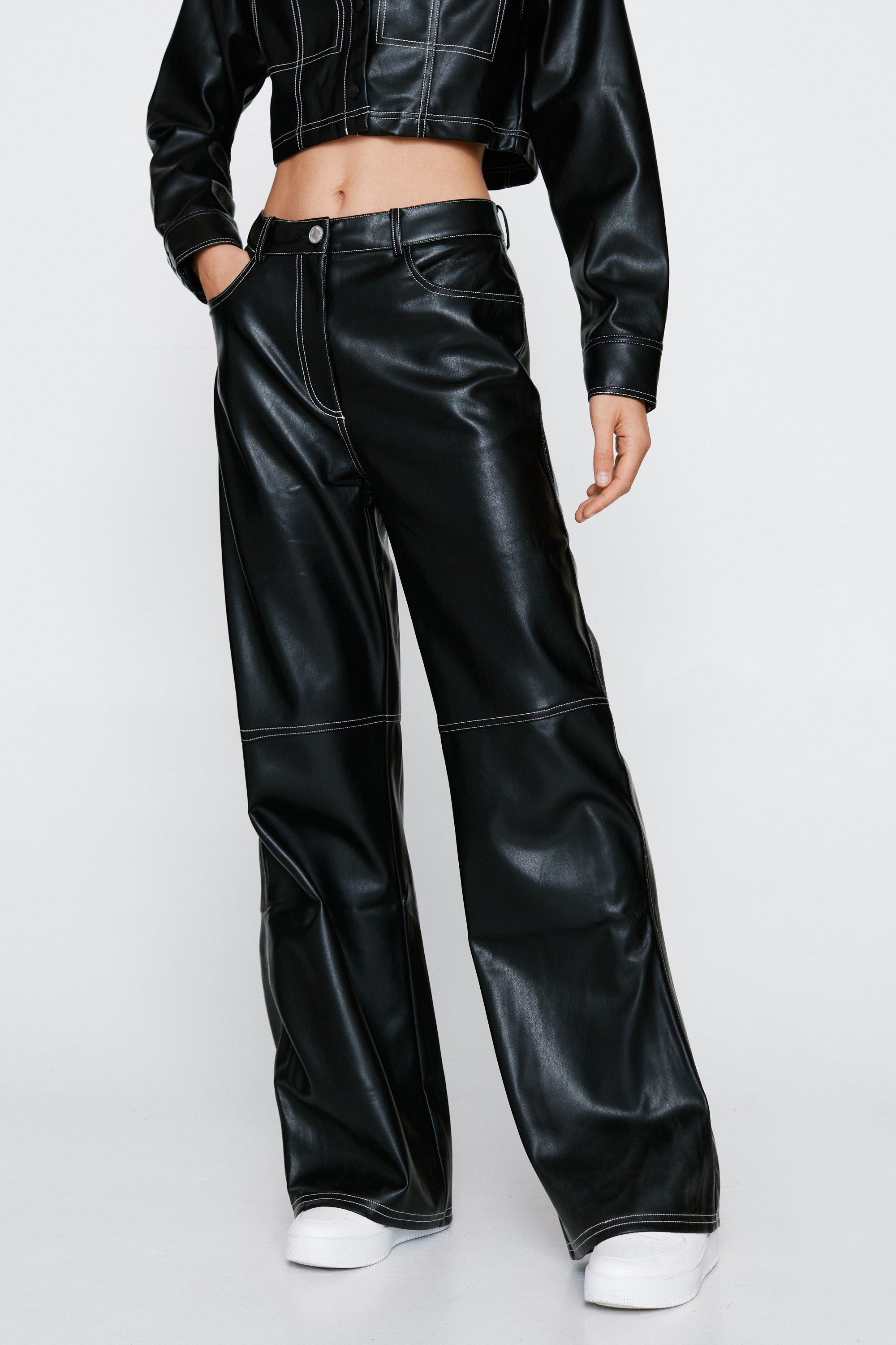 Faux leather Contrast Stitch Wide Leg Pants