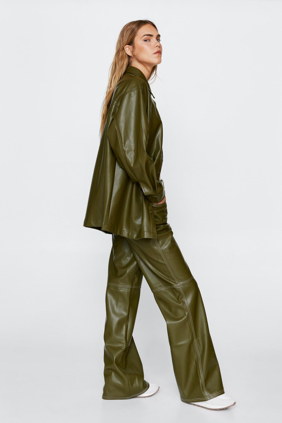 Olive Faux leather Contrast Stitch Wide Leg Pants image number 1