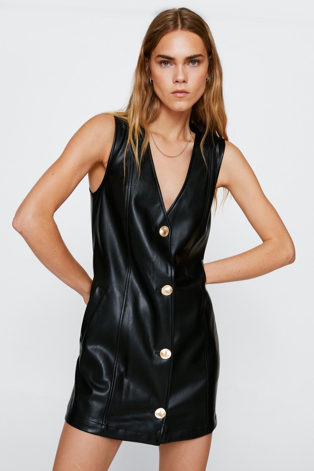 Black Faux Leather Button Down Pinafore Mini Dress image number 1