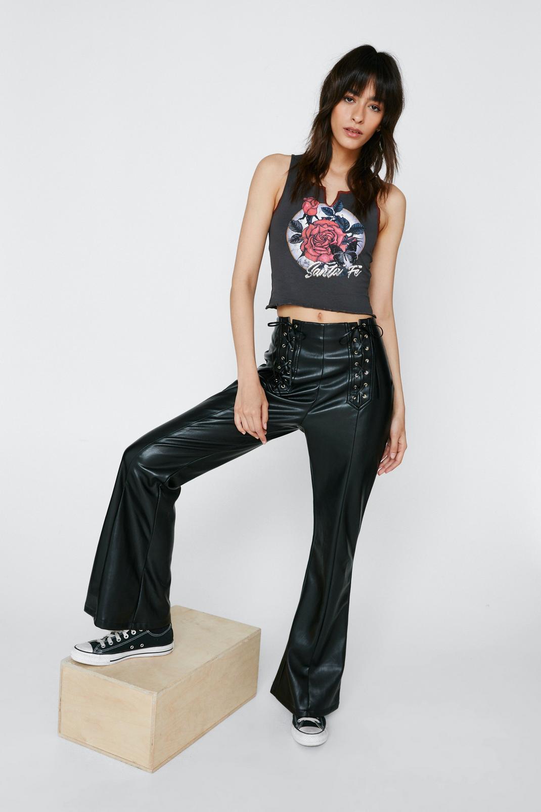 Black Faux Leather Lace Up Front Flares image number 1