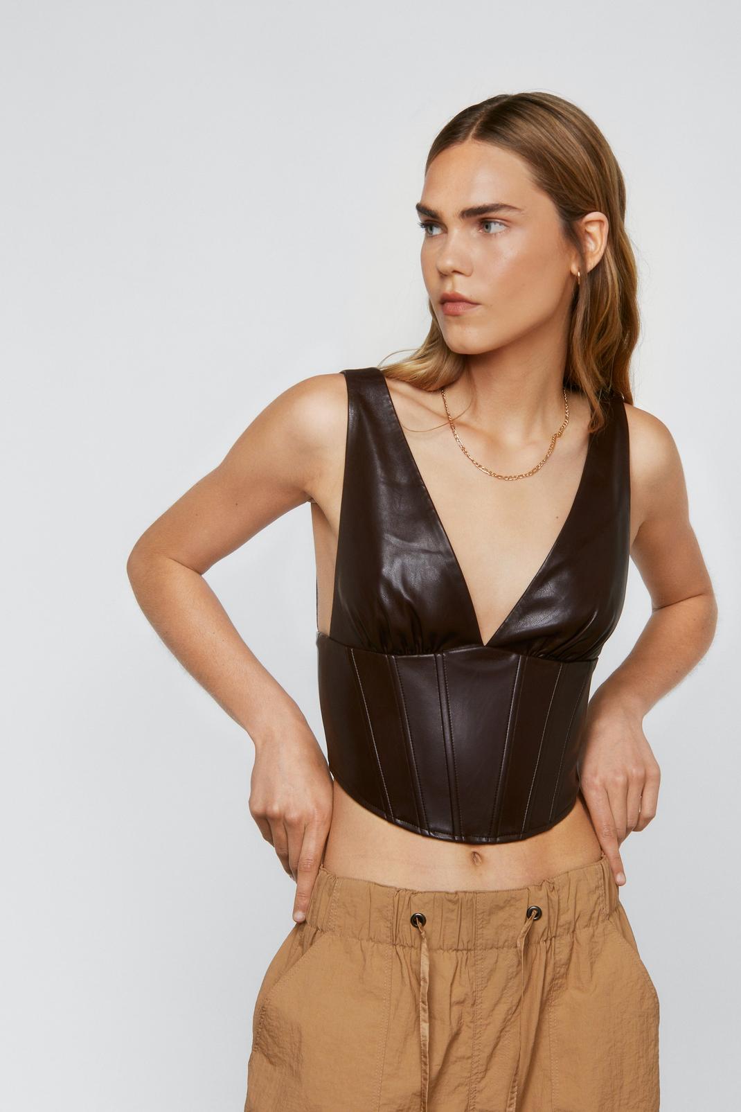 Chocolate Faux Leather Plunge Boned Corset Top image number 1