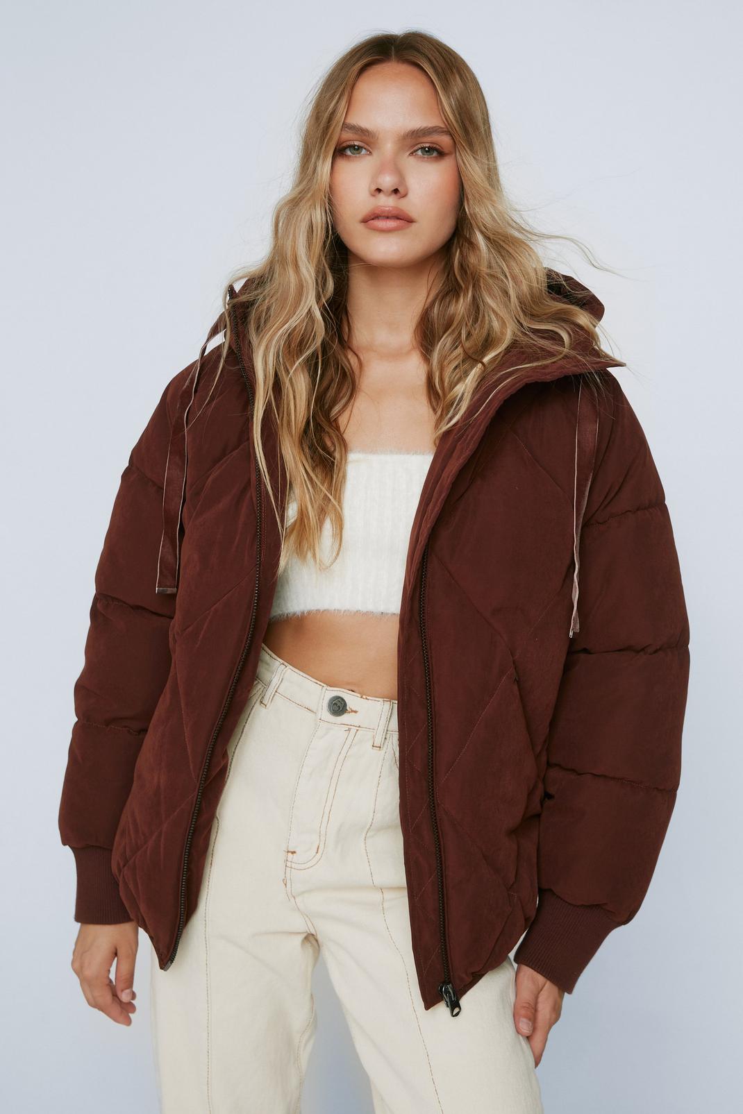 Chocolate Petite Oversized Quilted Hooded Puffer Jacket image number 1