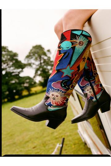Leather Embroidered Knee High Cowboy Boots multi