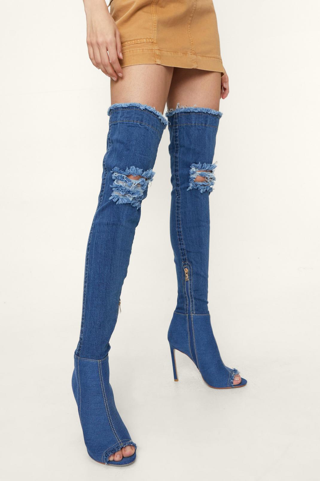 340 Denim Open Toe Over The Knee Boots  image number 2