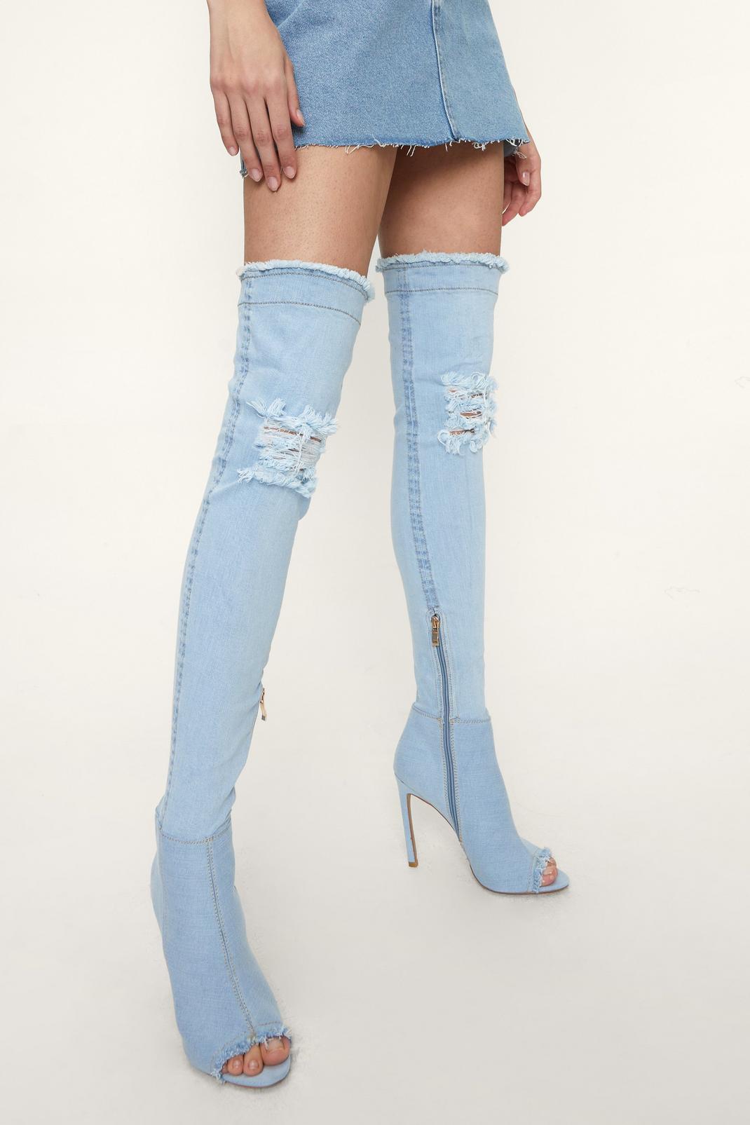 701 Denim Open Toe Over The Knee Boots  image number 2