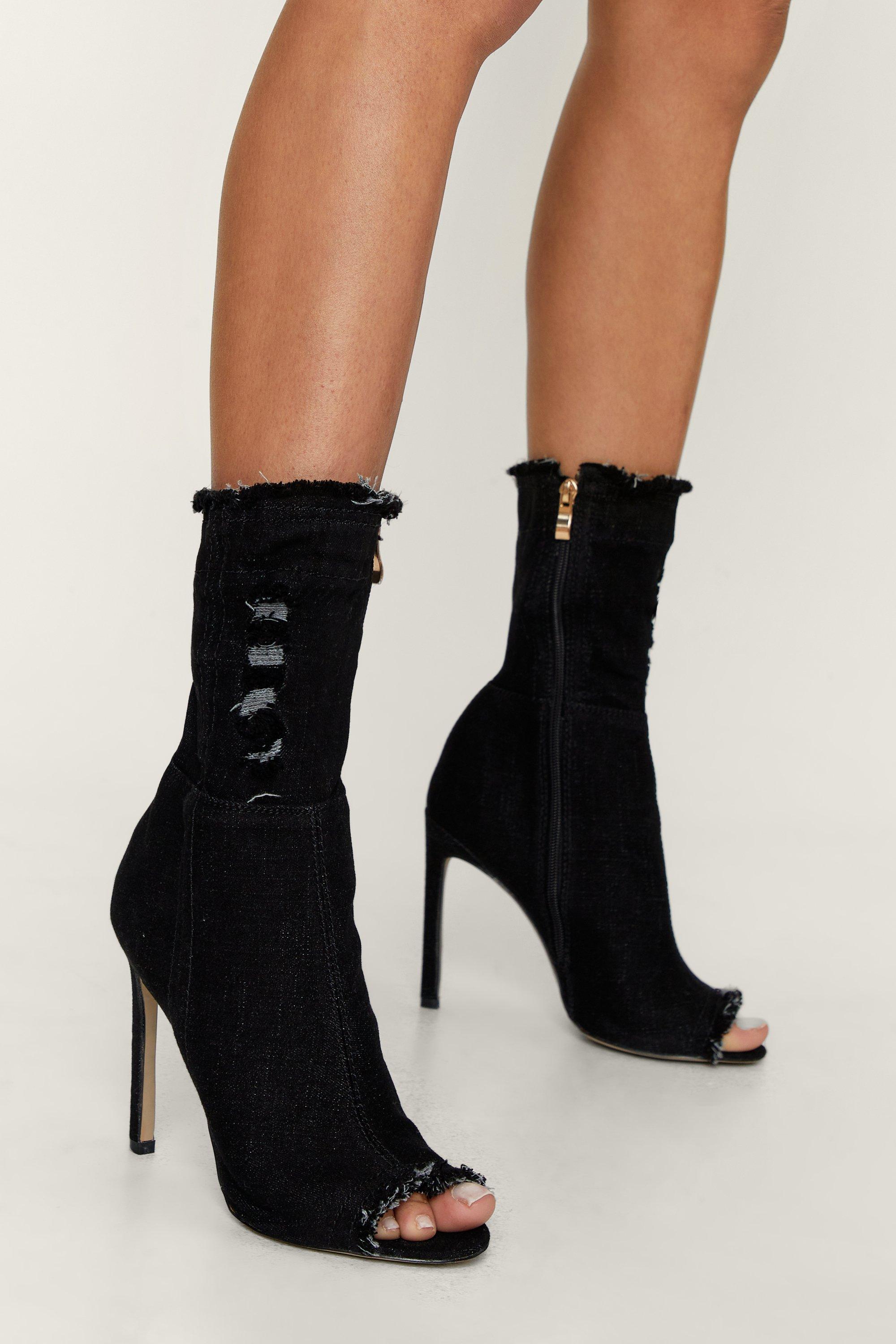 Denim peep outlet toe ankle boots