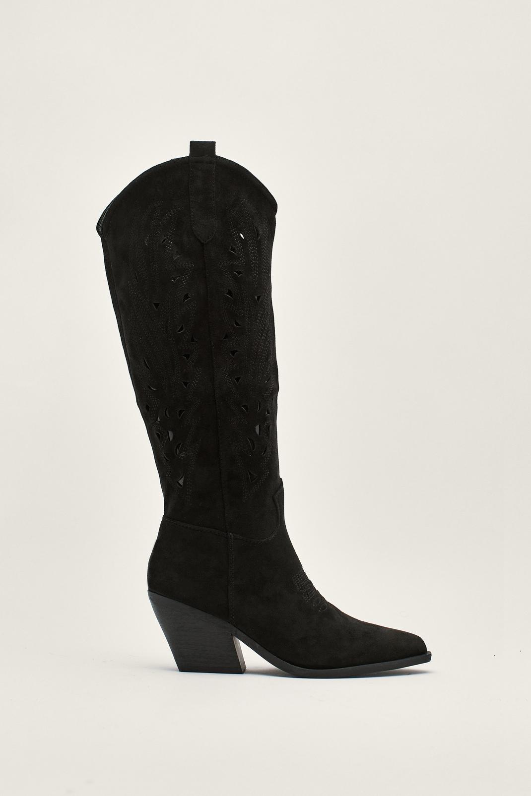 105 Faux Suede Embroidered Knee High Cowboy Boots image number 1