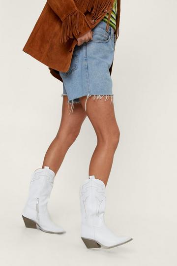 White Faux Leather Mid Rise Cowboy Boots