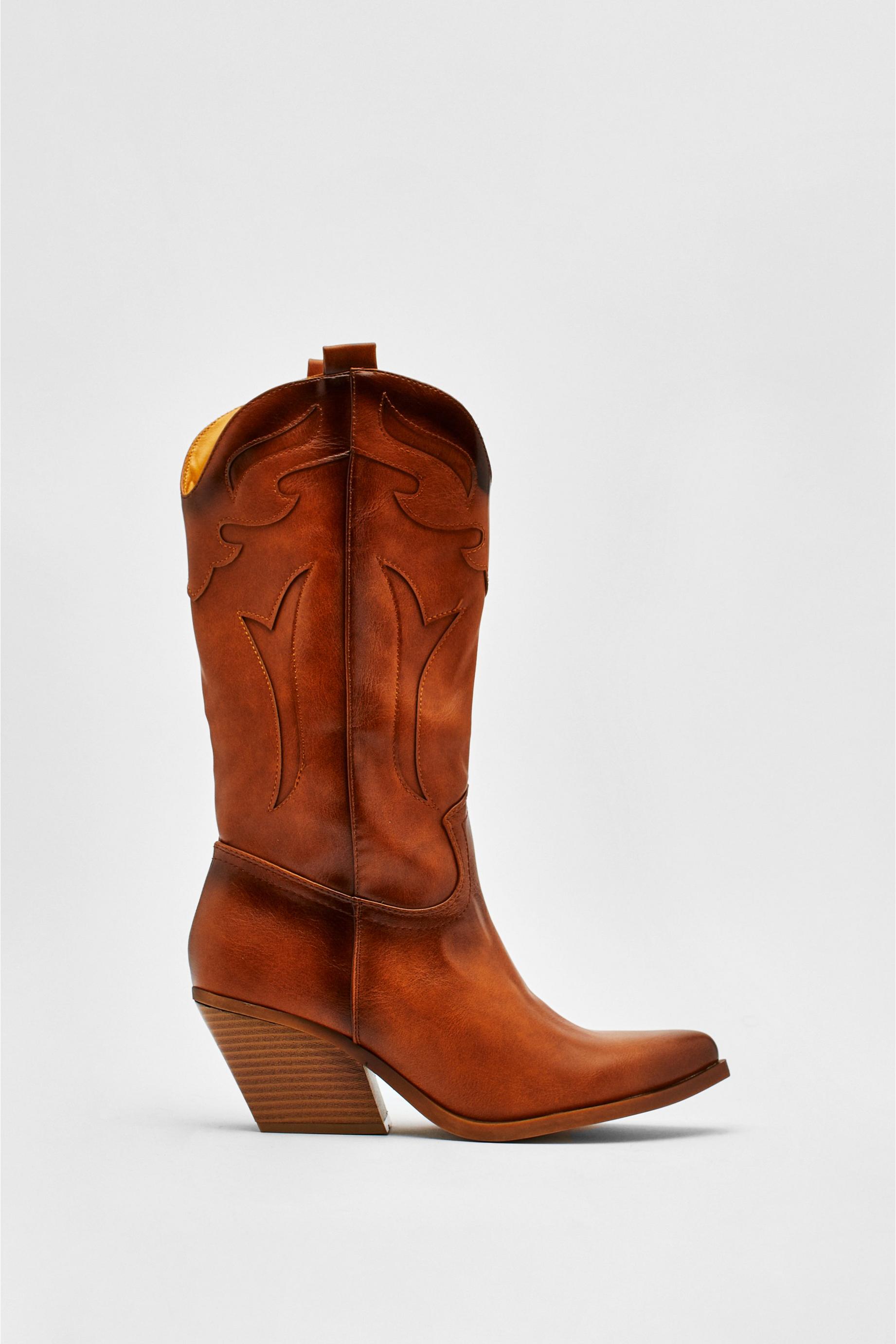 Faux Leather Mid Rise Burnished Cowboy Boots