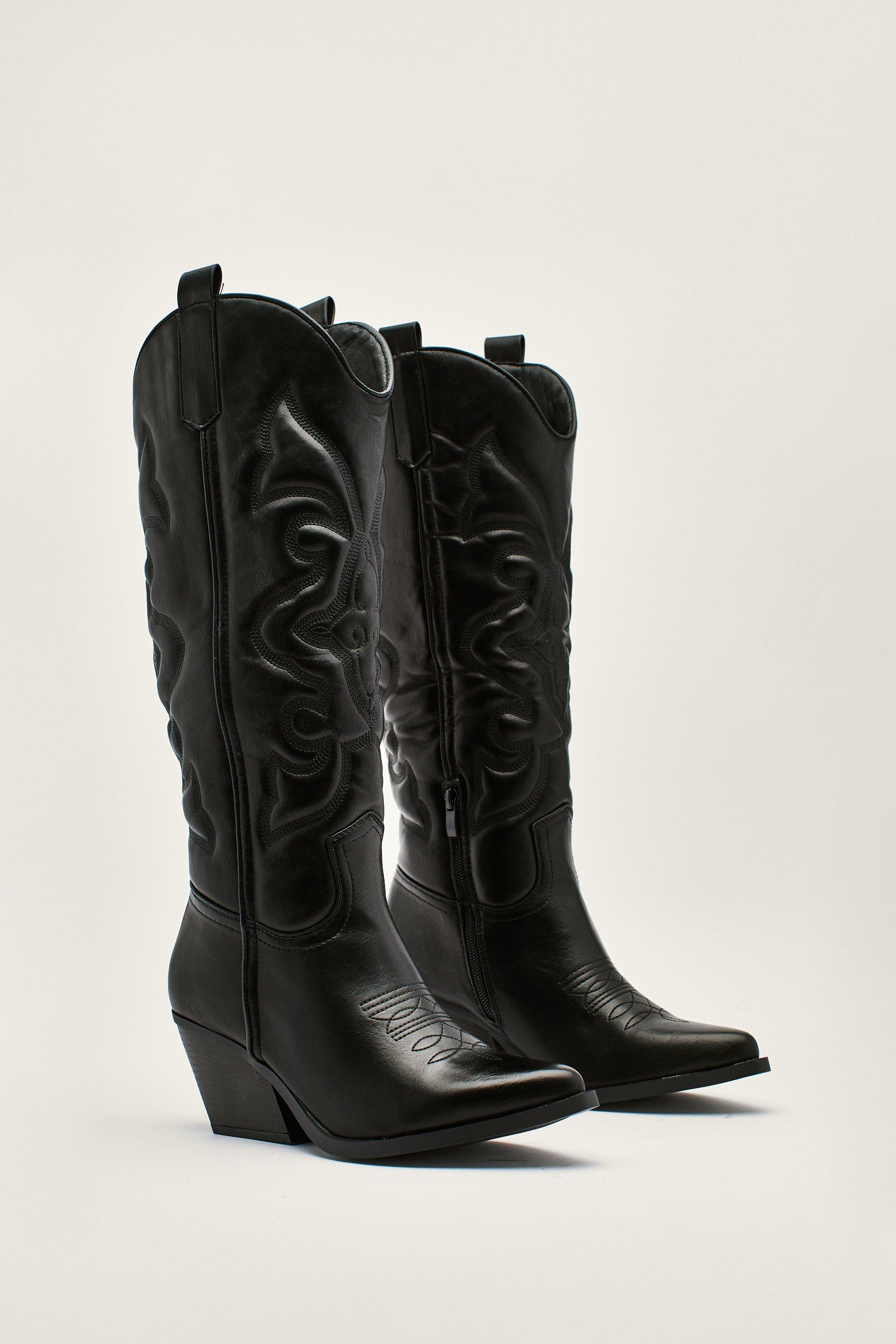 black faux leather cowboy boots