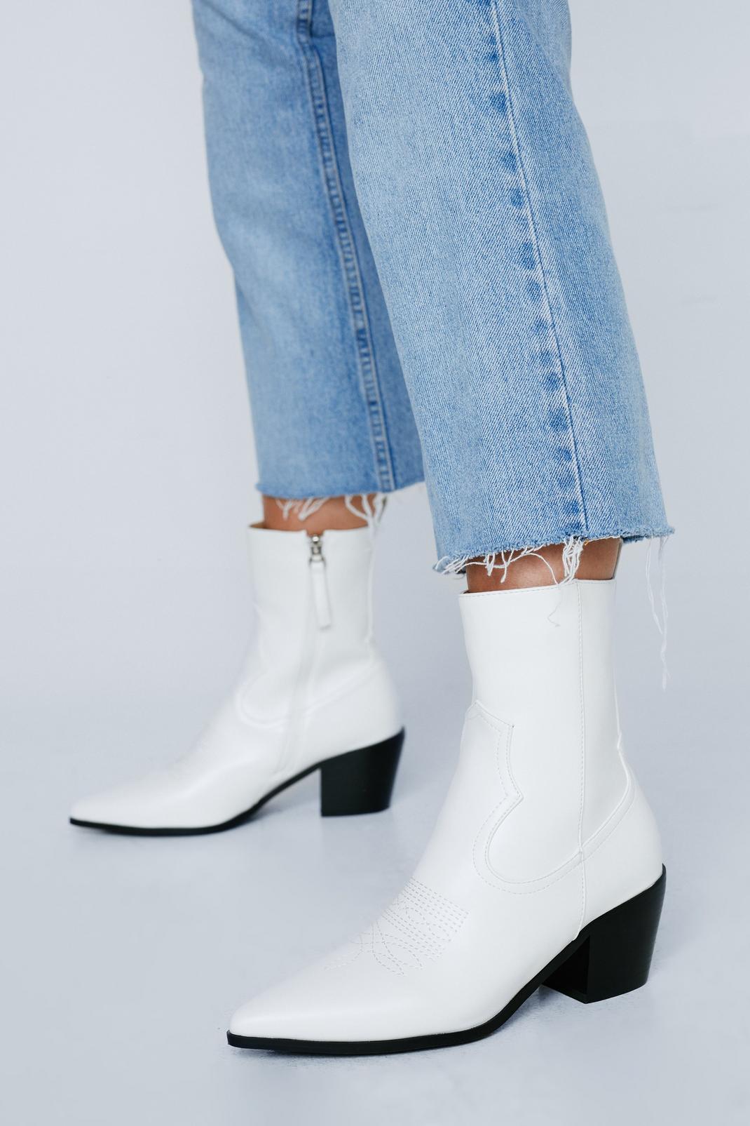 White Faux Leather Cowboy Ankle Boots image number 1