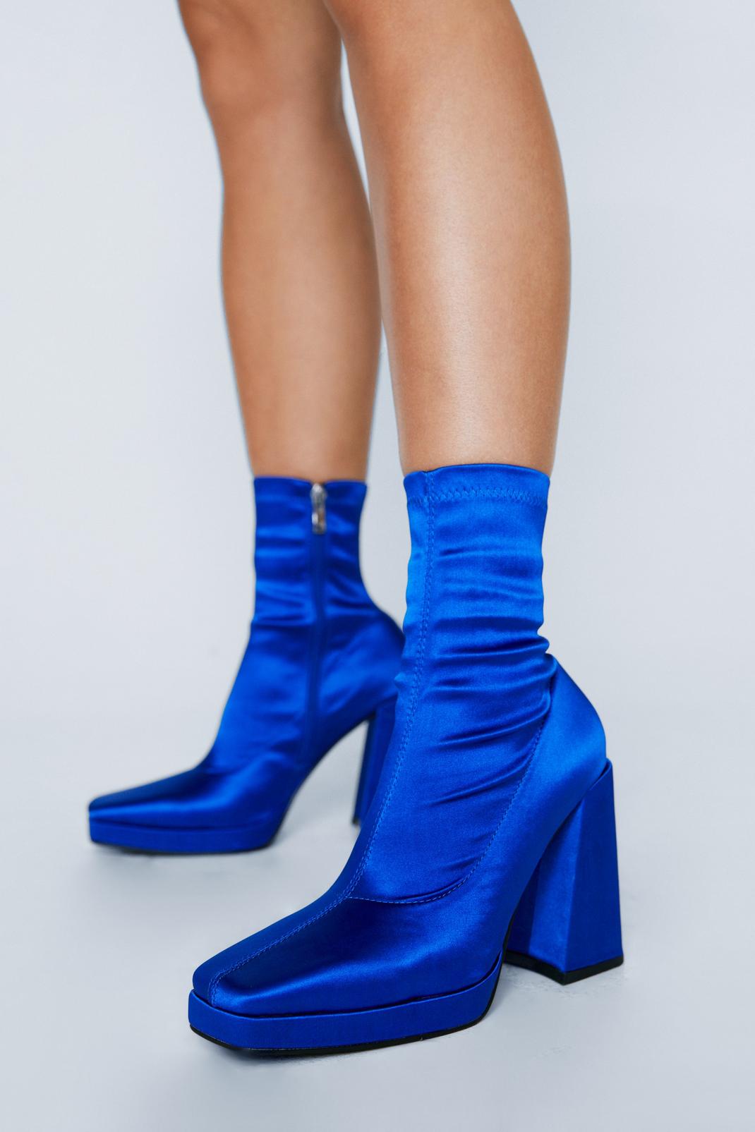 Blue Satin Square Toe Ankle Sock Boots image number 1