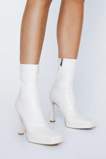 Faux Leather Square Toe Platform Sock Boots white