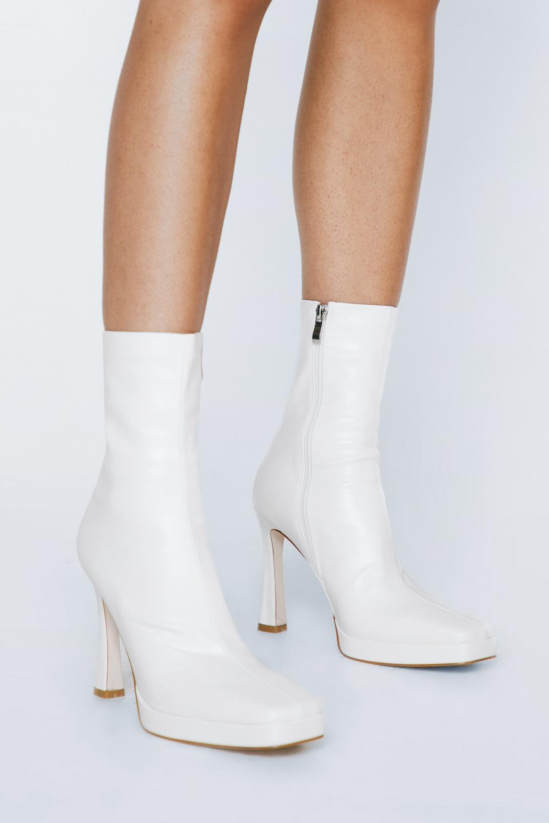 White Faux Leather Square Toe Platform Sock Boots  image number 1