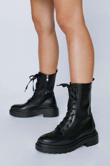 Black Faux Leather Chunky Lace Up Biker Boots
