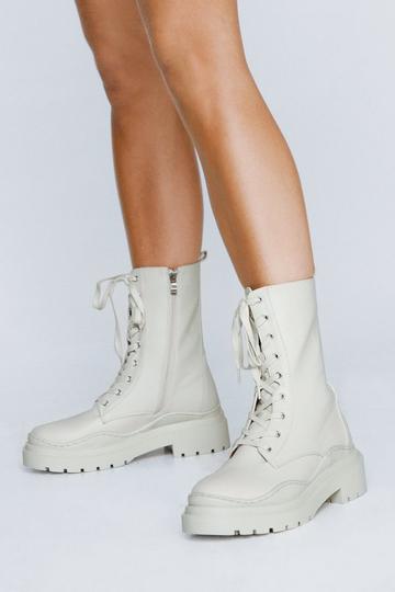 Cream White Faux Leather Chunky Lace Up Biker Boots
