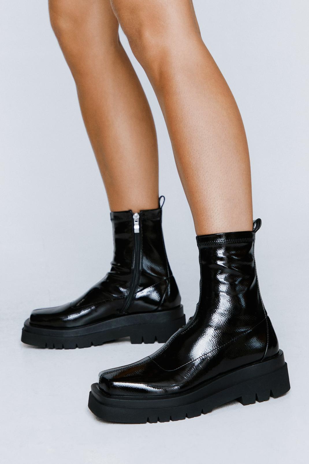 Black Patent Square Toe Ankle Sock Boots image number 1