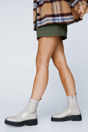 Square Toe Patent Ankle Sock Boots cream