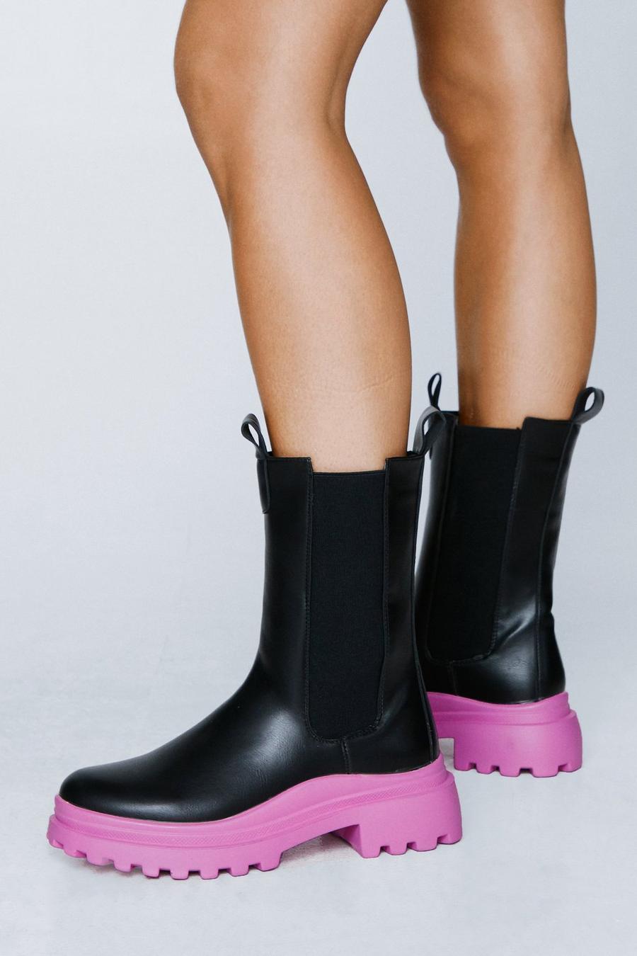 Contrast Sole Faux Leather Chelsea Boots 