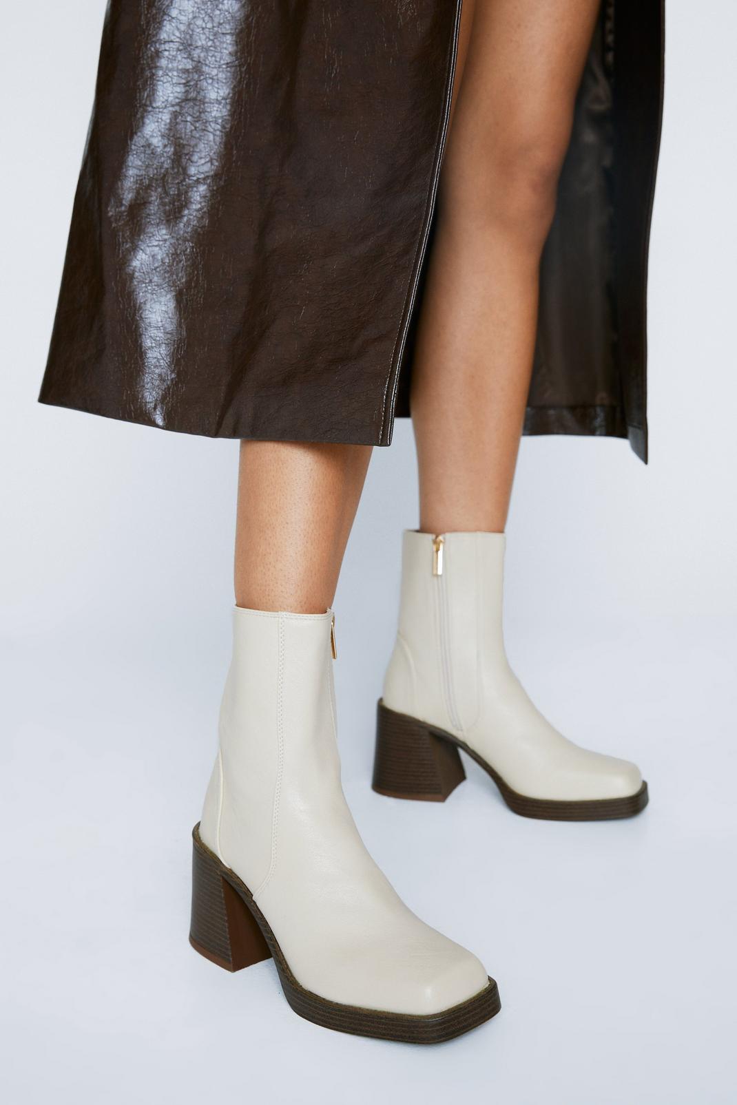 Cream Faux Leather Platform Ankle Boots  image number 1