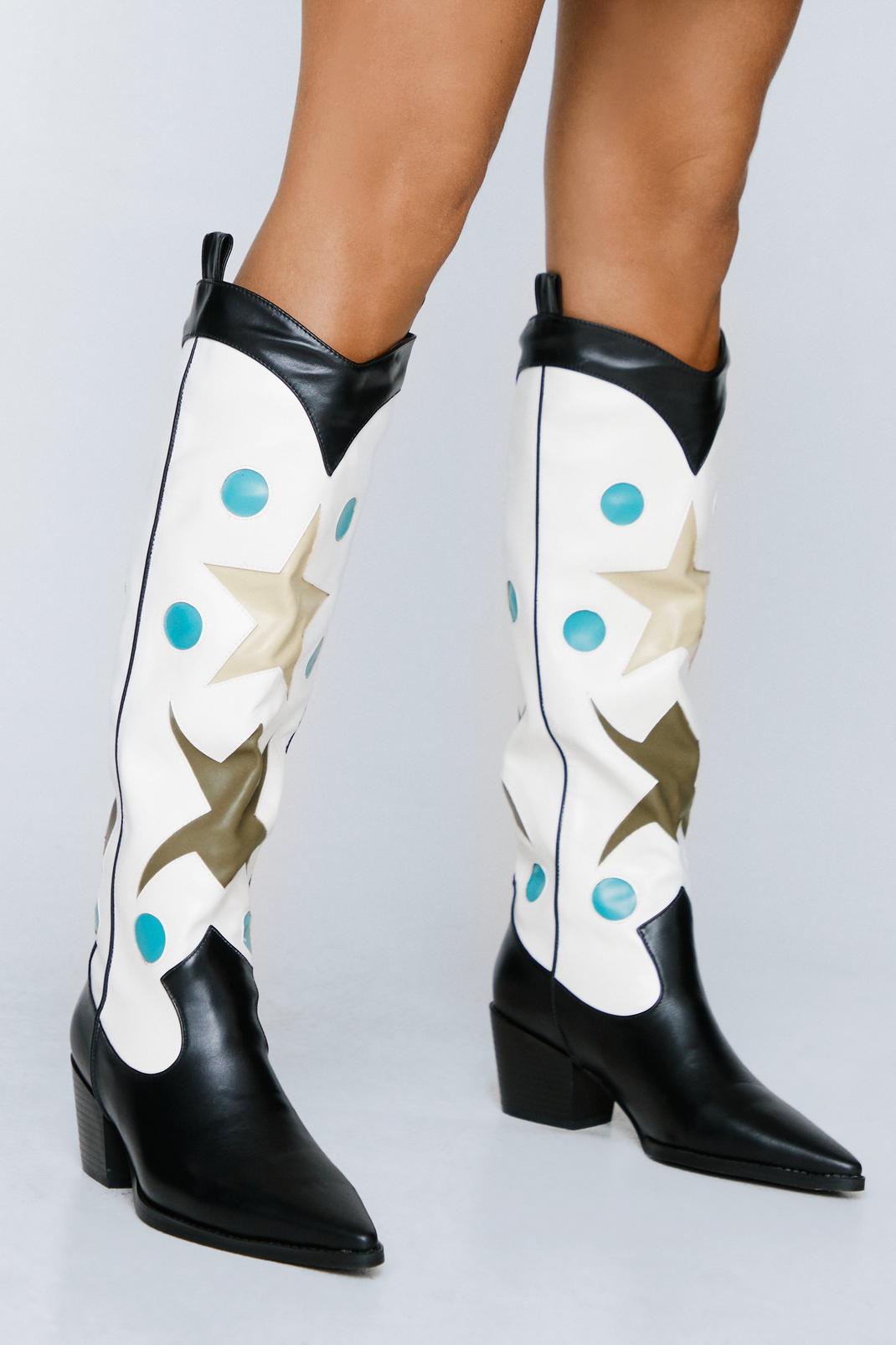 Black Faux Leather Star Knee High Cowboy Boots image number 1