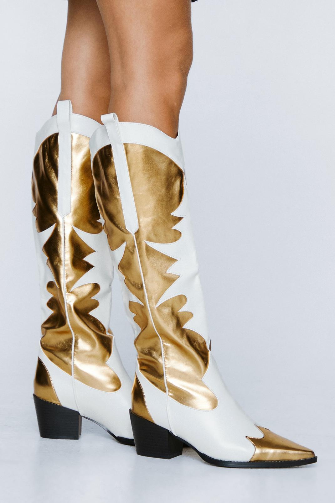 White Faux Leather Contrast Knee High Cowboy Boots image number 1